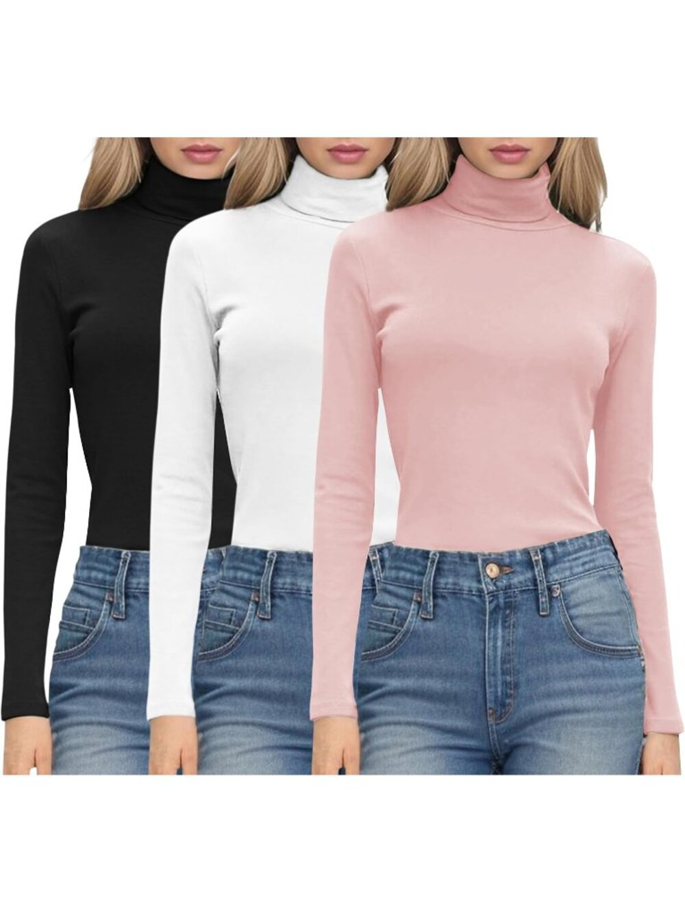 Women Pink/White/Black 3Pcs Ribbed Knit Turtleneck Slim Stretchy Layering Shirt
